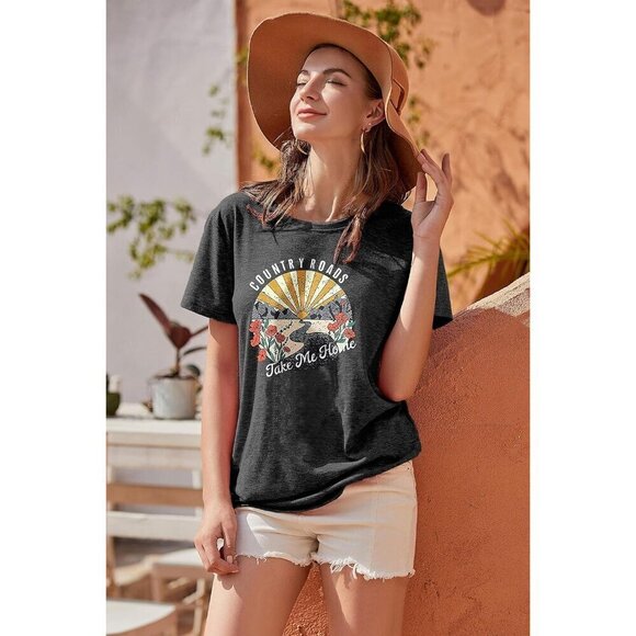Women Dark Grey  Polyester Blend Country Roads Take Me Home Short Sleeve T-Shirt - Picture 3 of 7